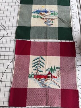Vintage Needlepoint Panels Winter Cabin Covered Bridge Pair 15” Petit Point